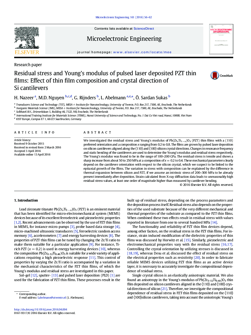 Residual stress and Young's modulus of pulsed laser deposited PZT thin films: Effect of thin film composition and crystal direction of Si cantilevers