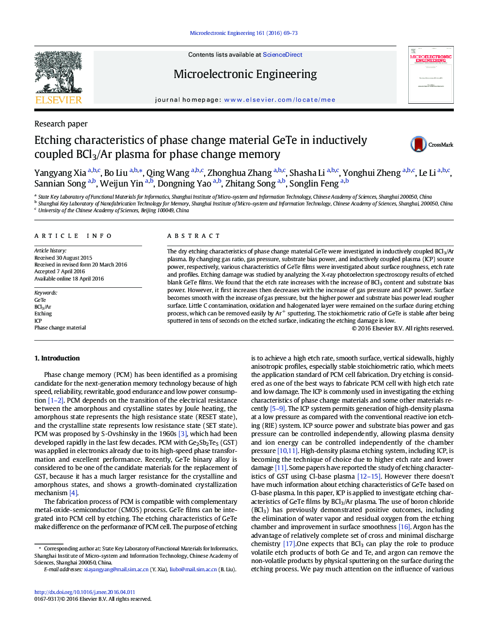 Etching characteristics of phase change material GeTe in inductively coupled BCl3/Ar plasma for phase change memory