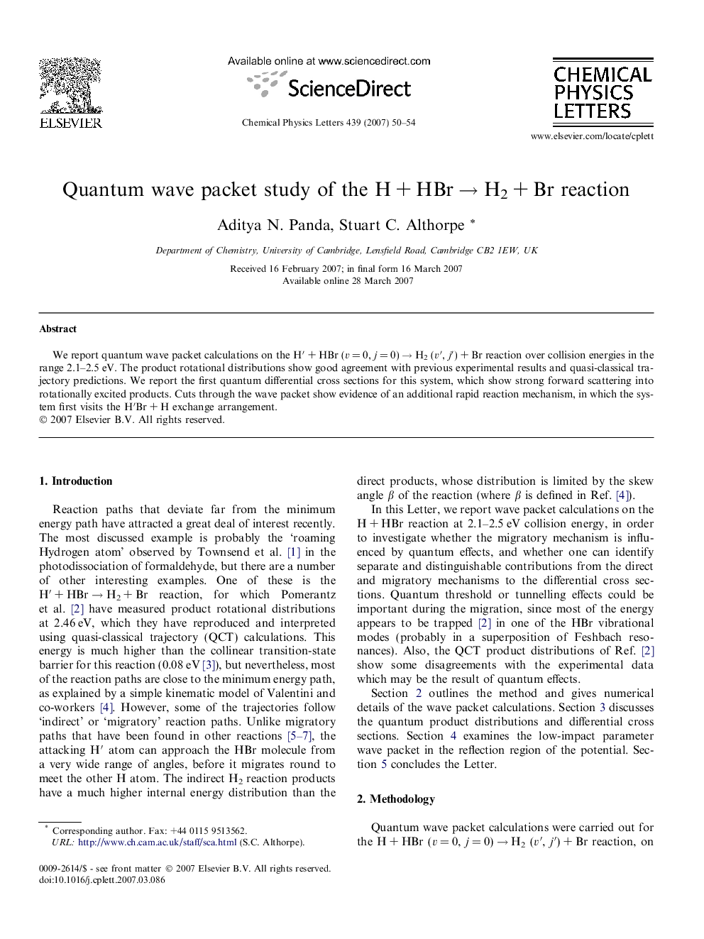 Quantum wave packet study of the HÂ +Â HBrÂ âÂ H2Â +Â Br reaction