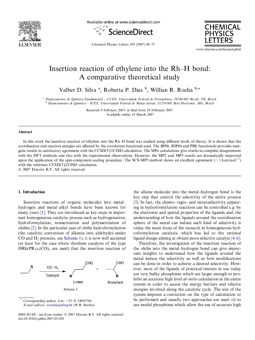 Insertion reaction of ethylene into the Rh-H bond: A comparative theoretical study