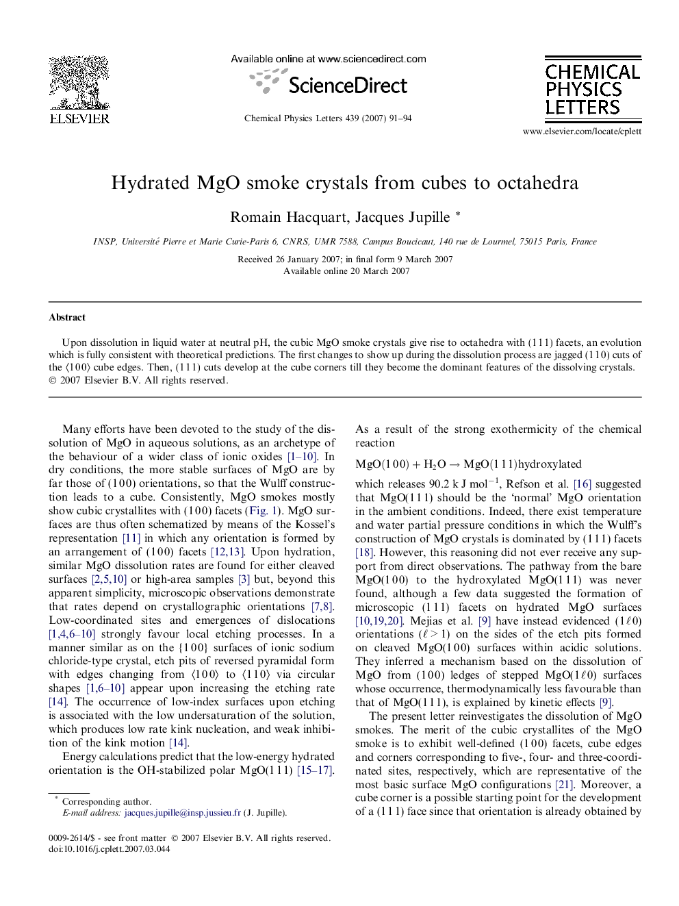 Hydrated MgO smoke crystals from cubes to octahedra