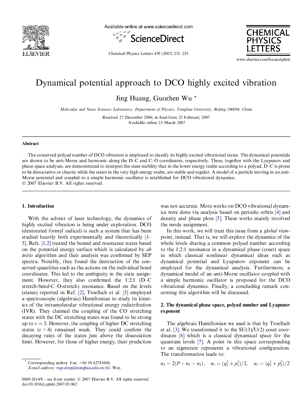 Dynamical potential approach to DCO highly excited vibration