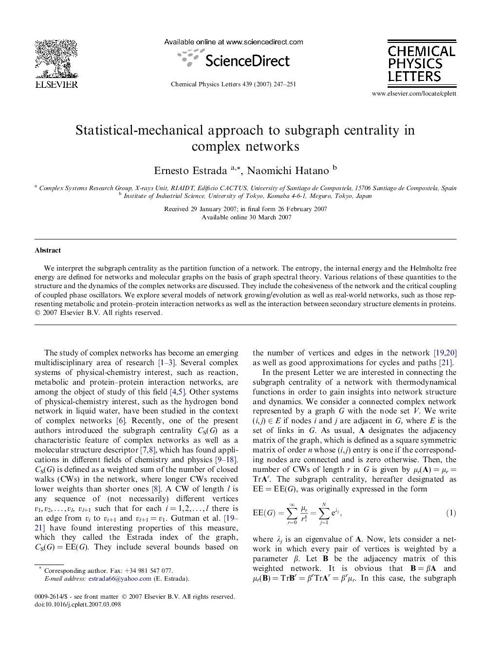 Statistical-mechanical approach to subgraph centrality in complex networks
