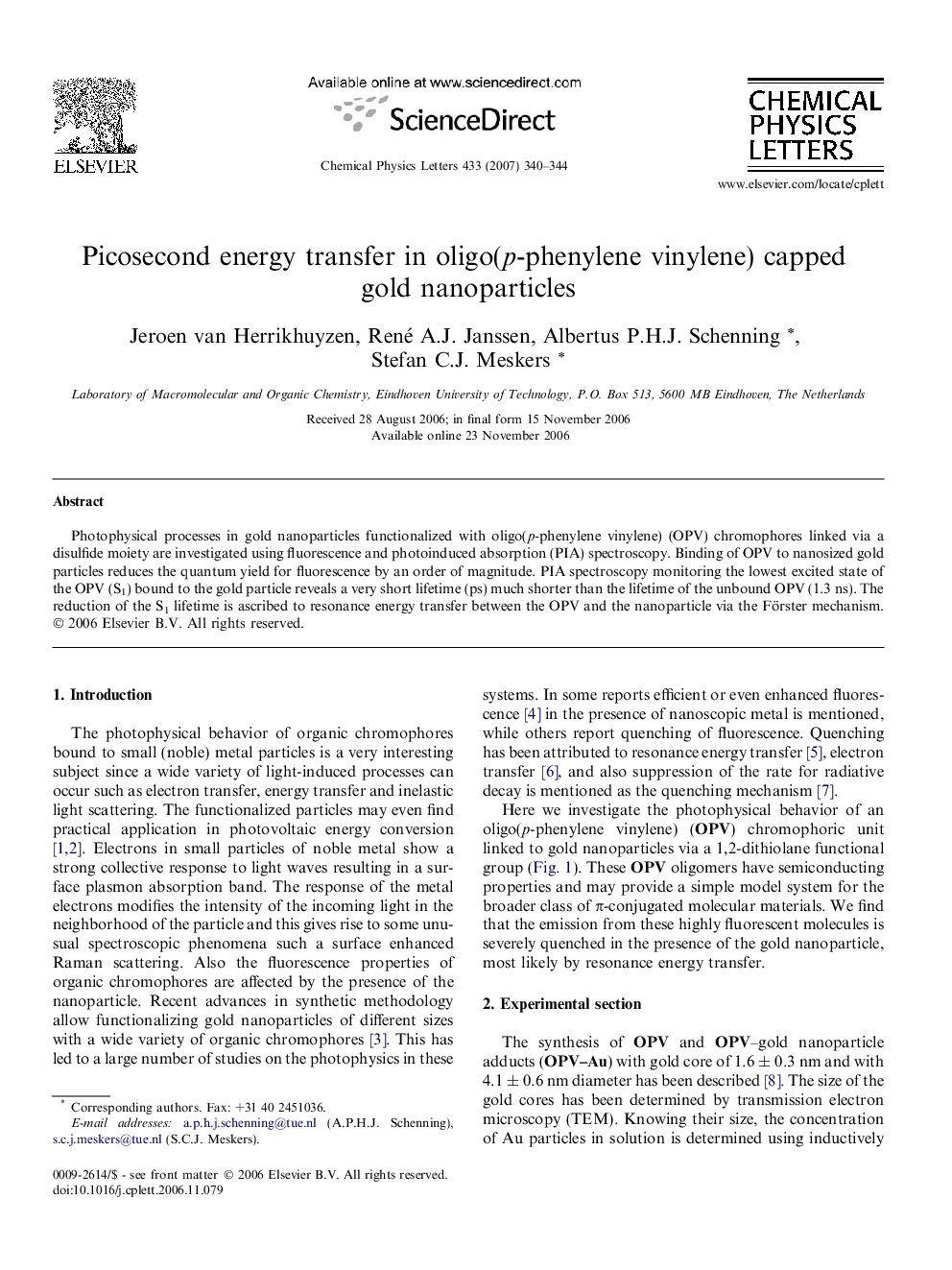 عکس صفحه اول مقاله: Picosecond energy transfer in oligo(p-phenylene vinylene) capped gold nanoparticles Picosecond energy transfer in oligo(p-phenylene vinylene) capped gold nanoparticles