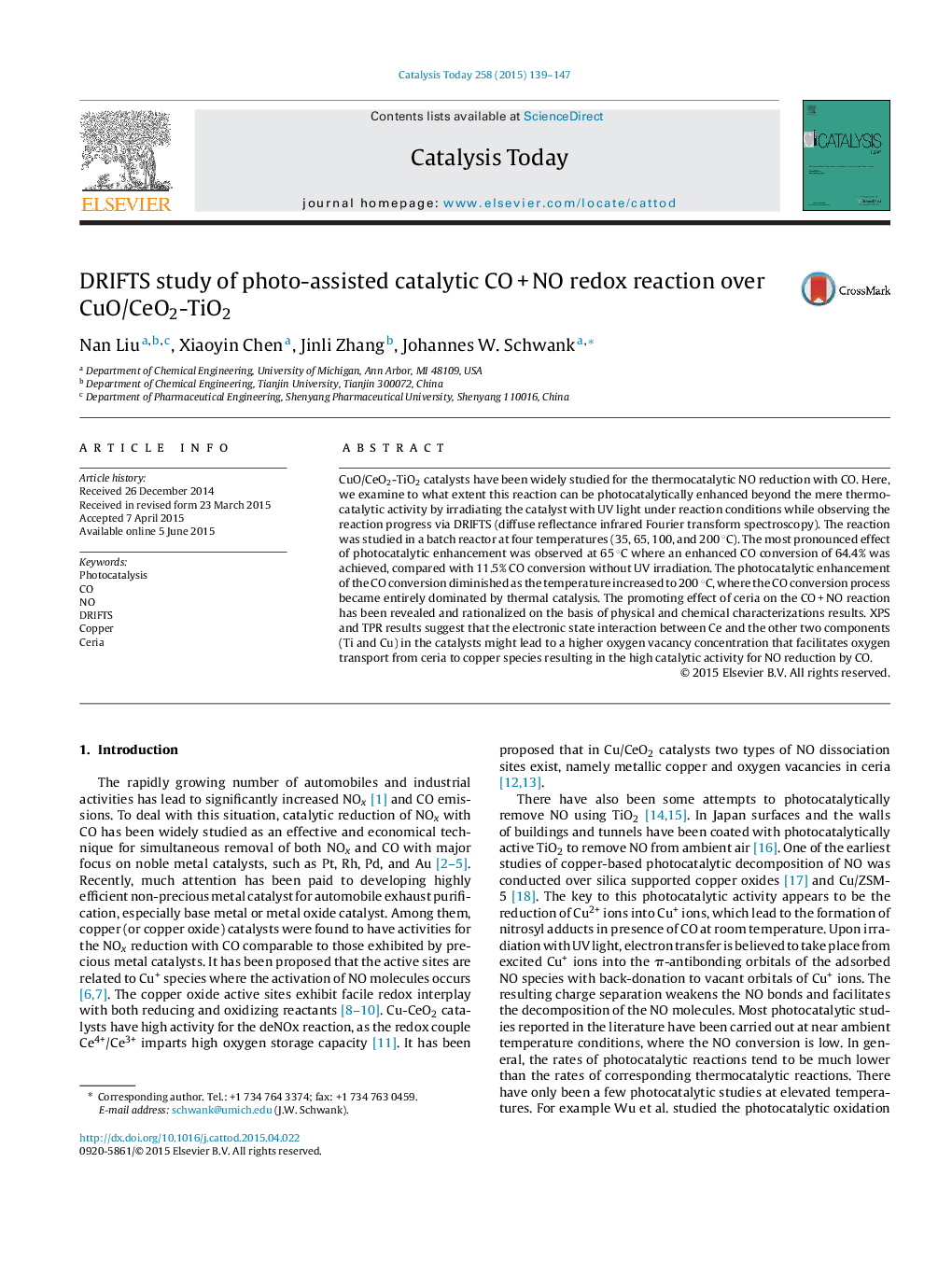 DRIFTS study of photo-assisted catalytic CO + NO redox reaction over CuO/CeO2-TiO2