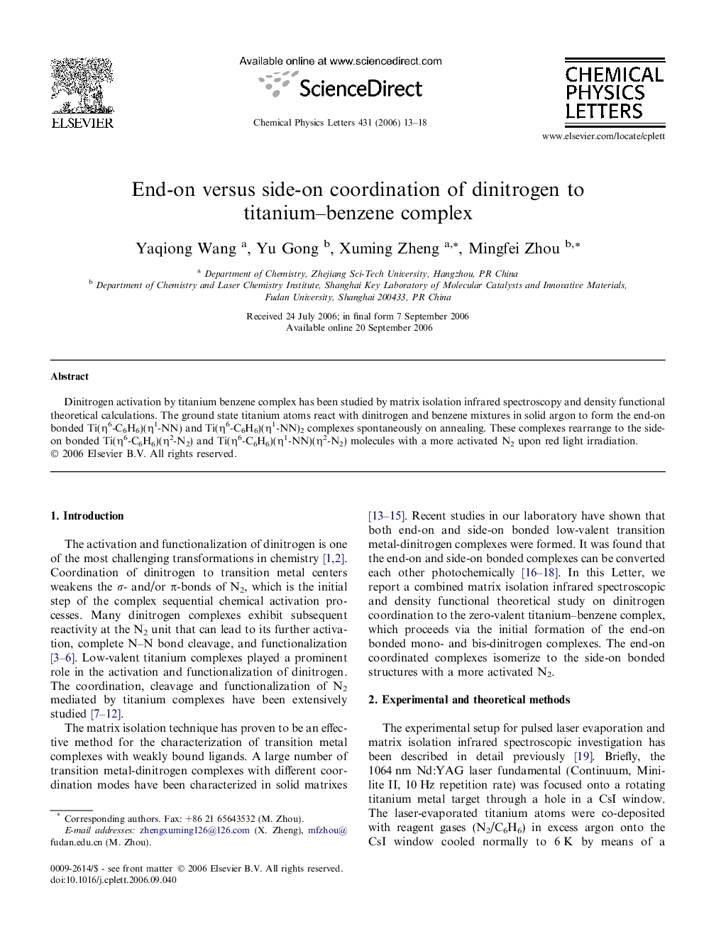 End-on versus side-on coordination of dinitrogen to titanium-benzene complex