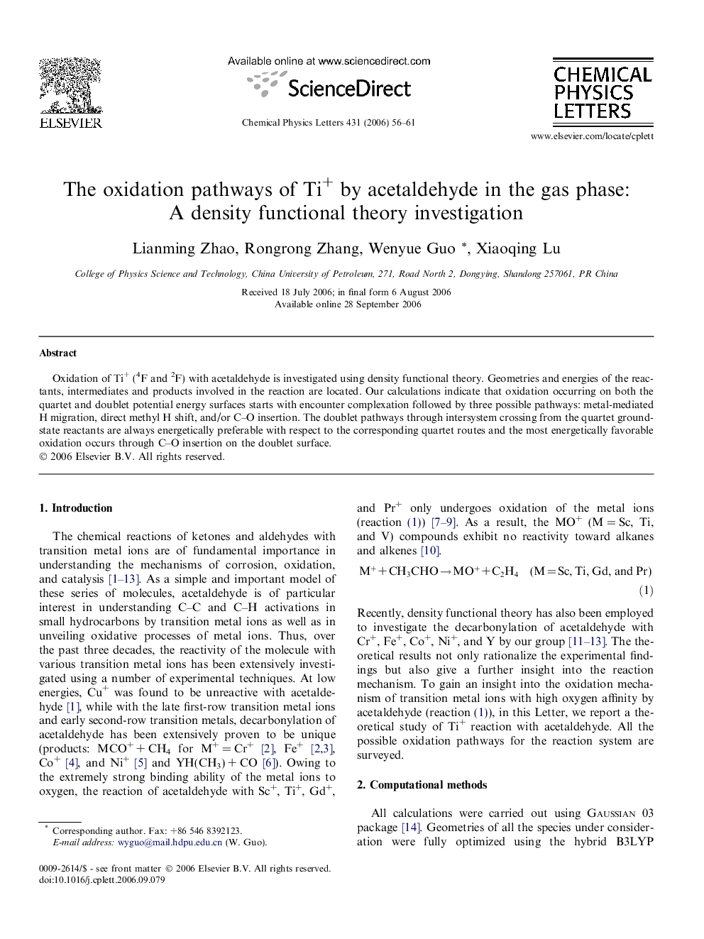 The oxidation pathways of Ti+ by acetaldehyde in the gas phase: A density functional theory investigation
