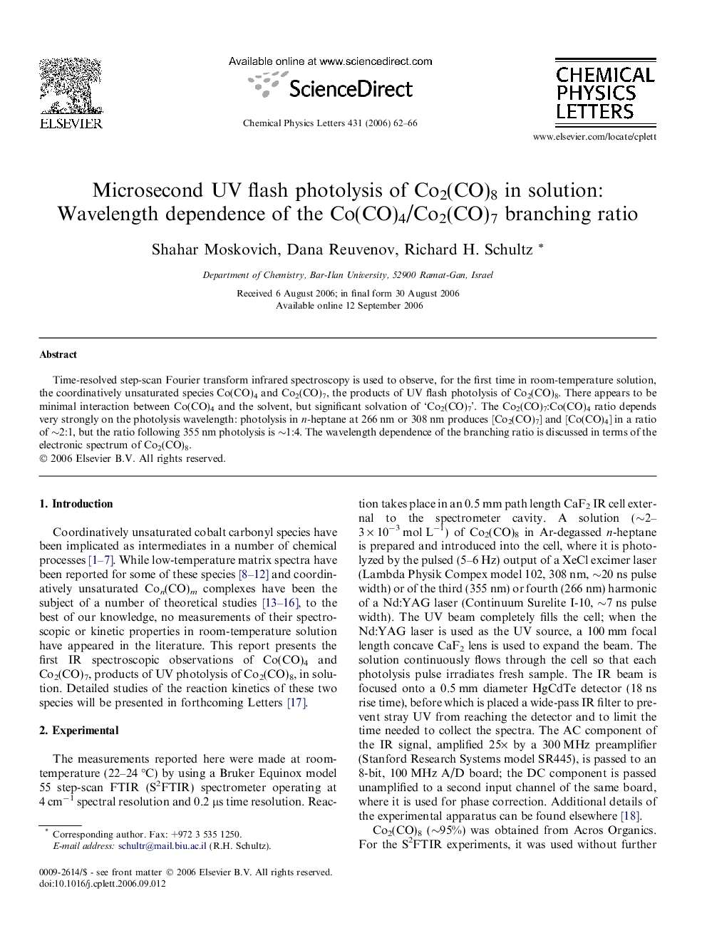 Microsecond UV flash photolysis of Co2(CO)8 in solution: Wavelength dependence of the Co(CO)4/Co2(CO)7 branching ratio