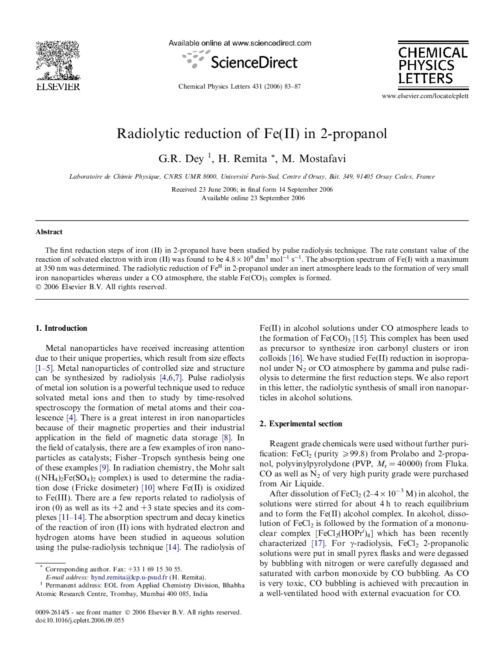 Radiolytic reduction of Fe(II) in 2-propanol