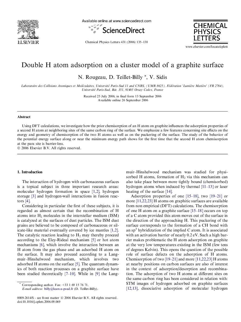 Double H atom adsorption on a cluster model of a graphite surface