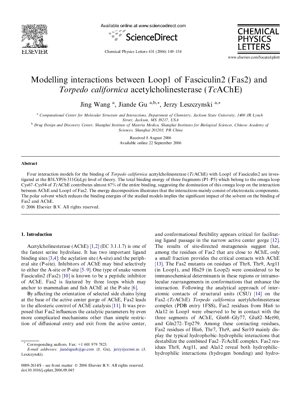 Modelling interactions between Loop1 of Fasciculin2 (Fas2) and Torpedo californica acetylcholinesterase (TcAChE)