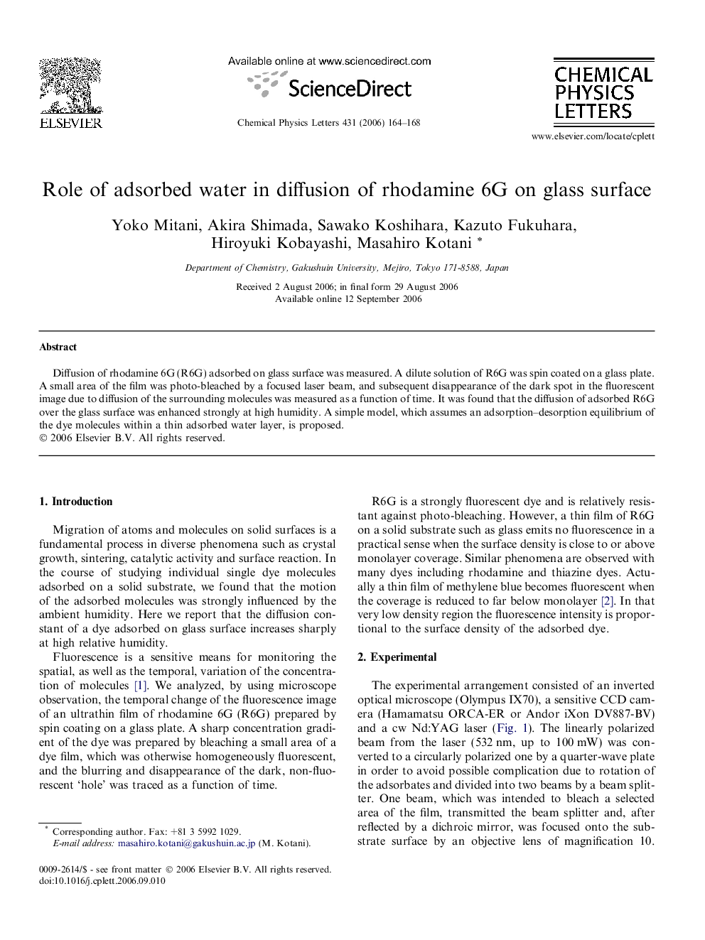 Role of adsorbed water in diffusion of rhodamine 6G on glass surface