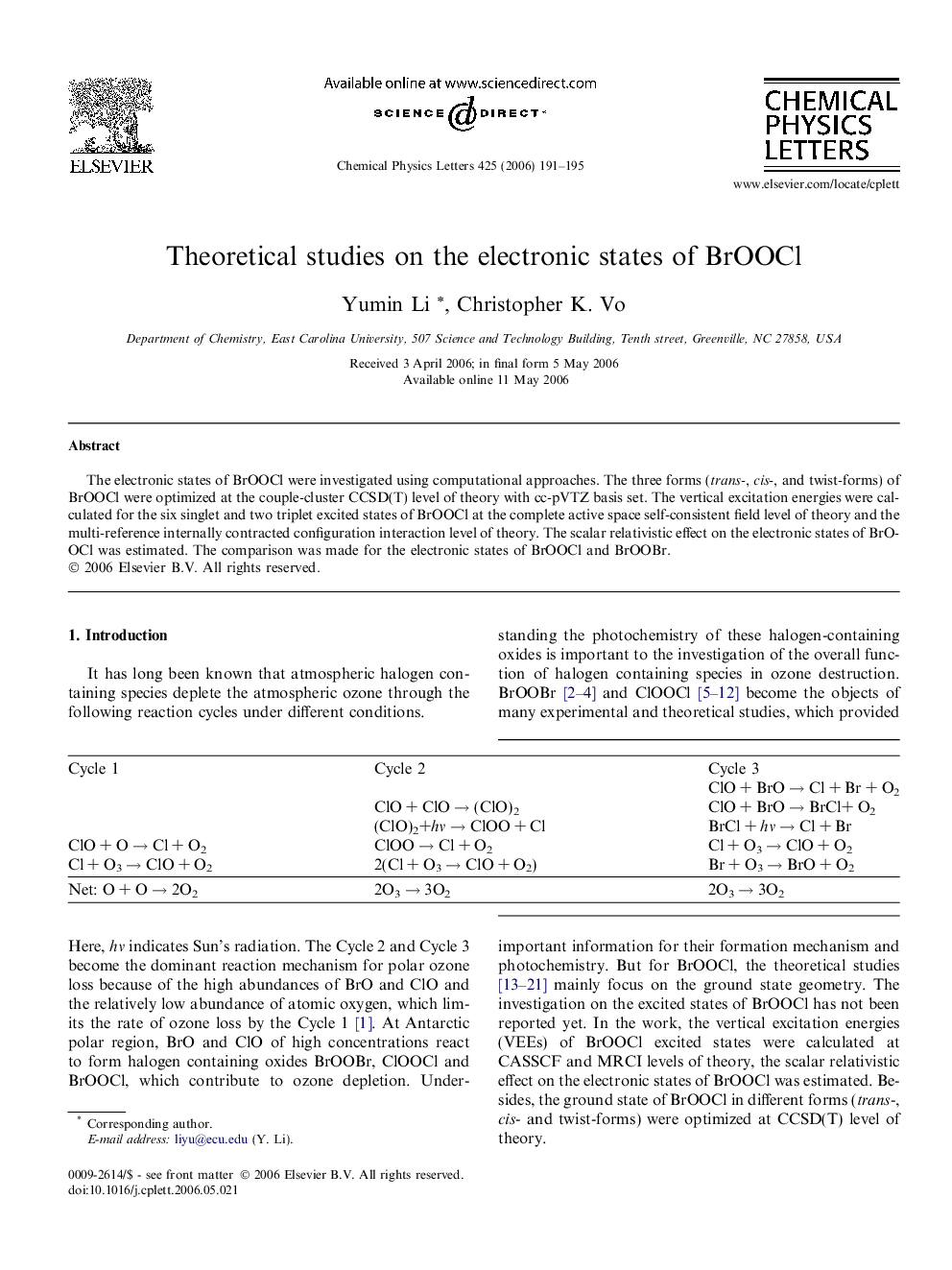 Theoretical studies on the electronic states of BrOOCl