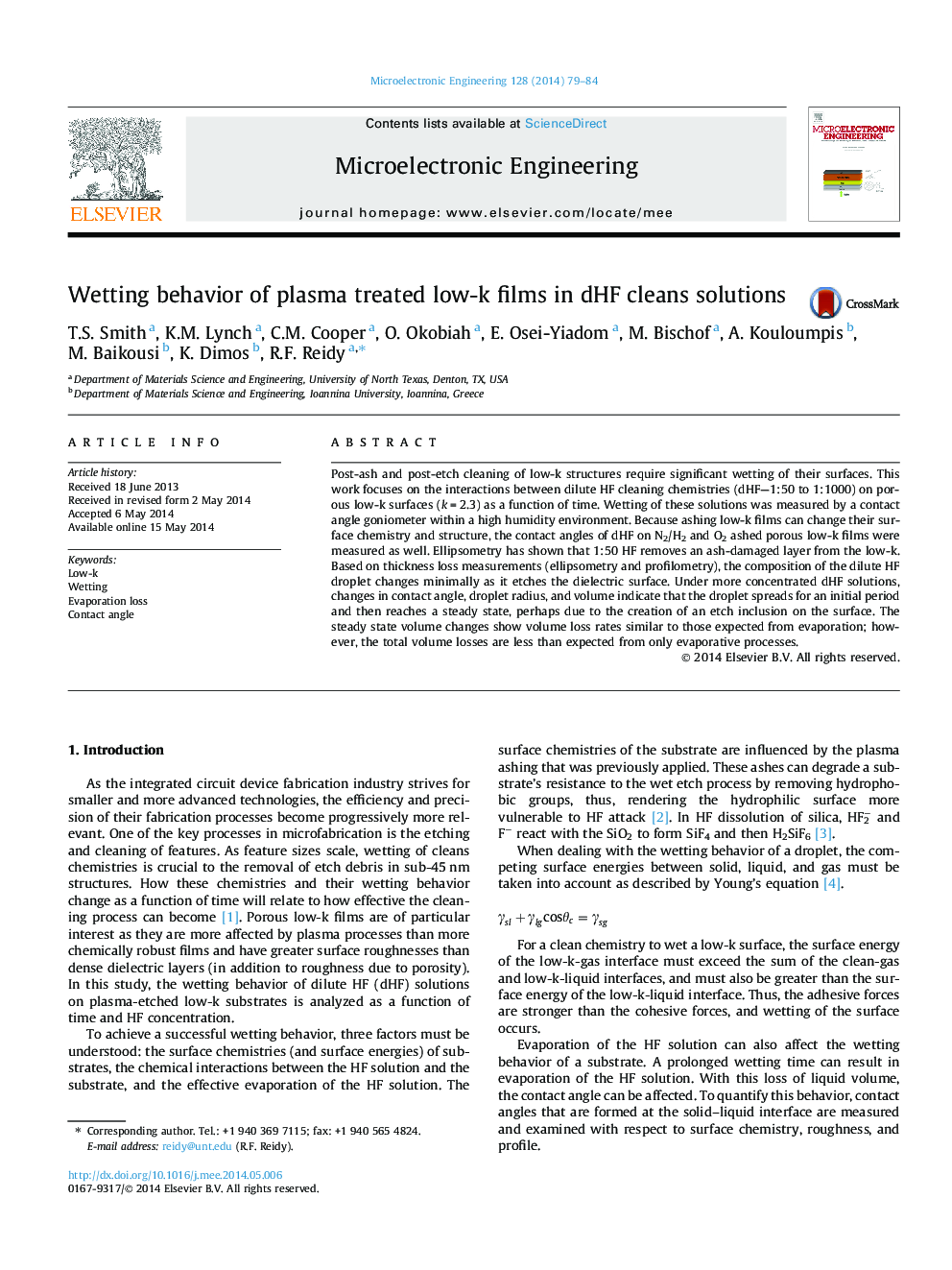 Wetting behavior of plasma treated low-k films in dHF cleans solutions