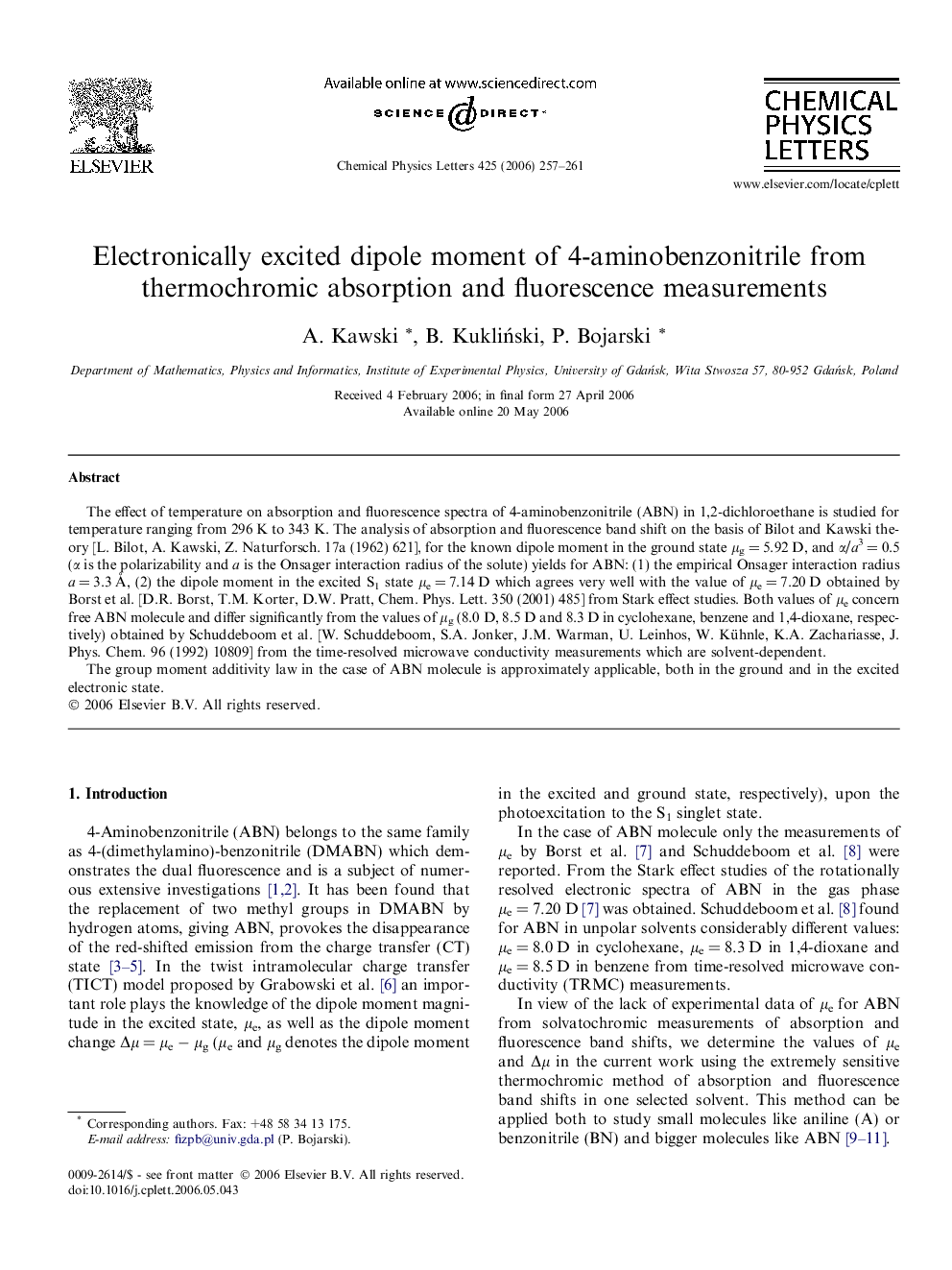 Electronically excited dipole moment of 4-aminobenzonitrile from thermochromic absorption and fluorescence measurements
