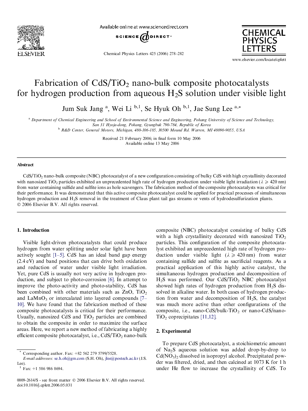 Fabrication of CdS/TiO2 nano-bulk composite photocatalysts for hydrogen production from aqueous H2S solution under visible light