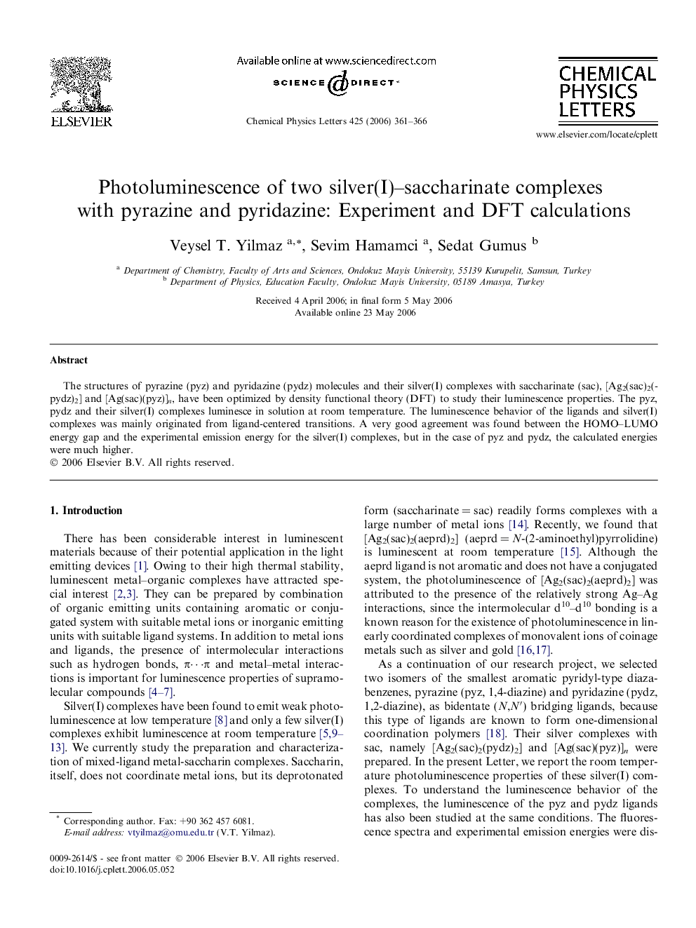 Photoluminescence of two silver(I)-saccharinate complexes with pyrazine and pyridazine: Experiment and DFT calculations