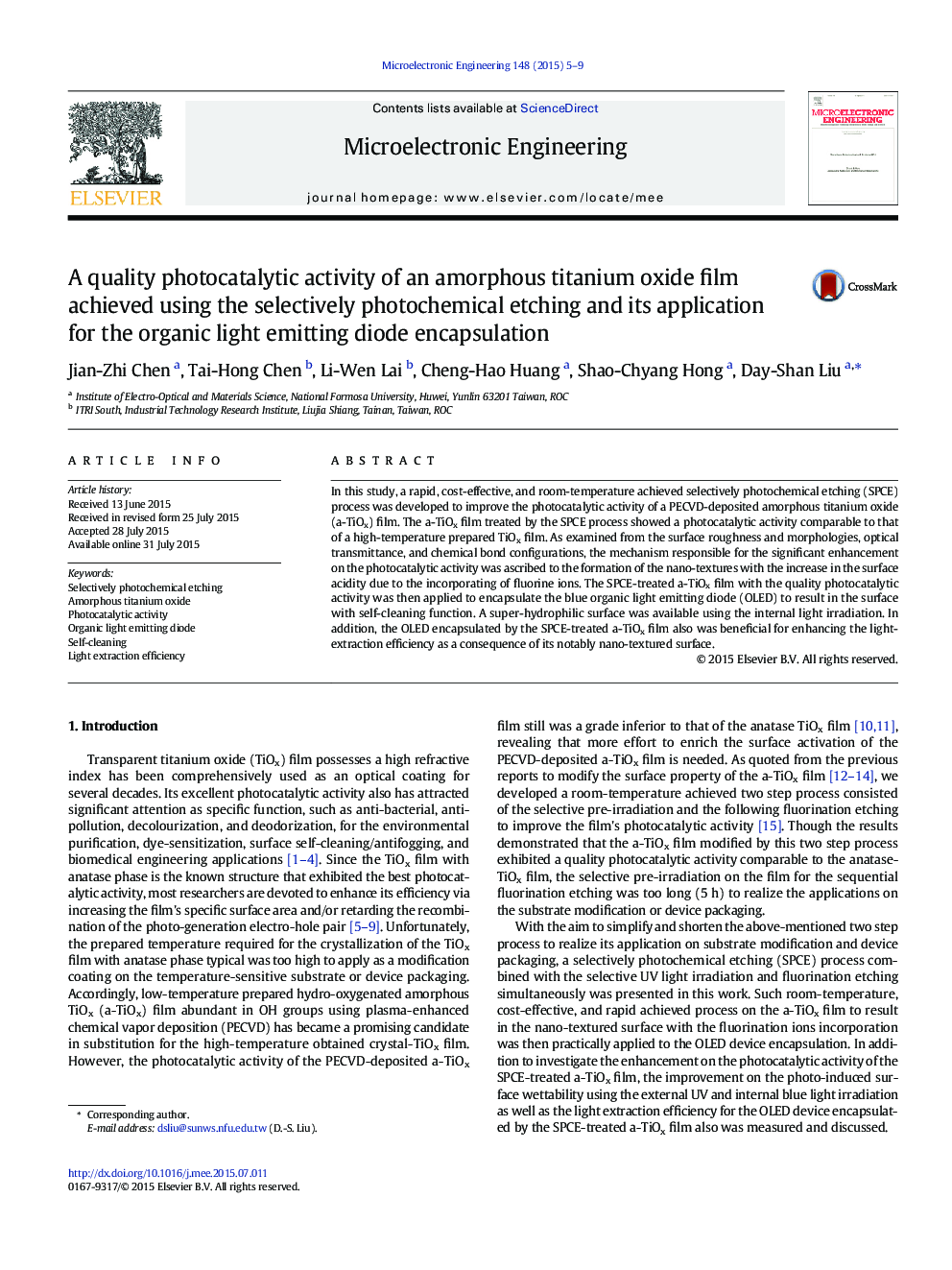 A quality photocatalytic activity of an amorphous titanium oxide film achieved using the selectively photochemical etching and its application for the organic light emitting diode encapsulation