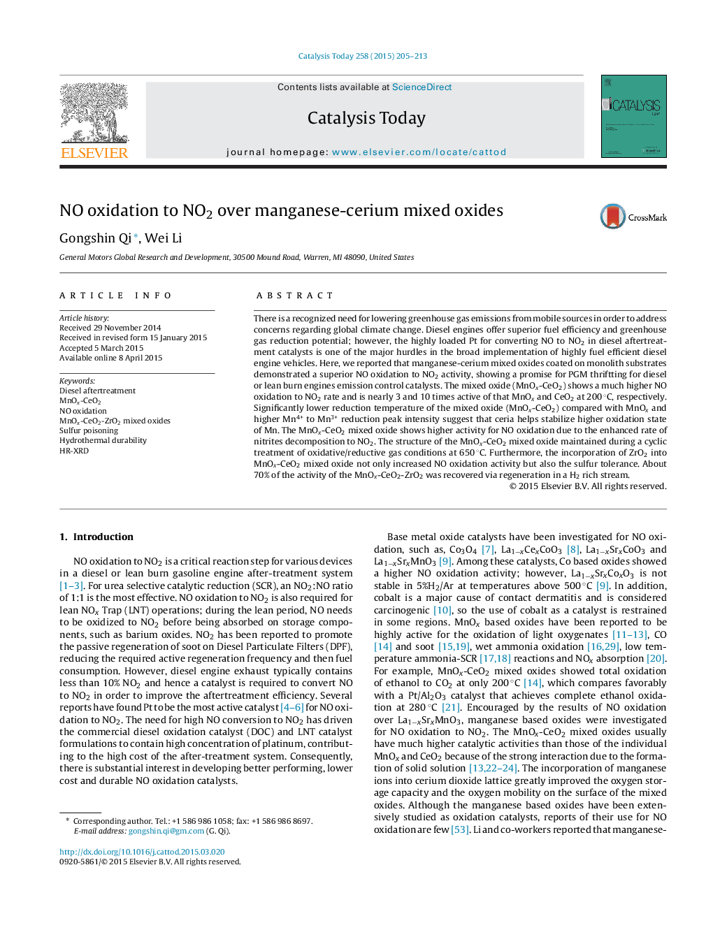 NO oxidation to NO2 over manganese-cerium mixed oxides