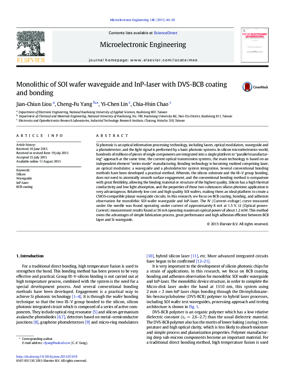 Monolithic of SOI wafer waveguide and InP-laser with DVS-BCB coating and bonding