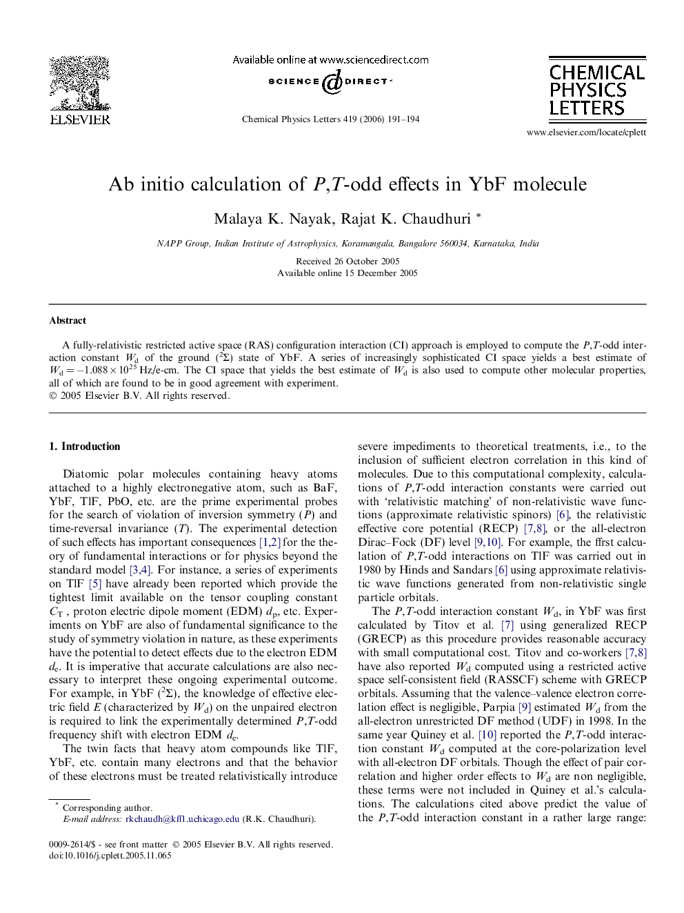 عکس صفحه اول مقاله: Ab initio calculation of P,T-odd effects in YbF molecule Ab initio calculation of P,T-odd effects in YbF molecule