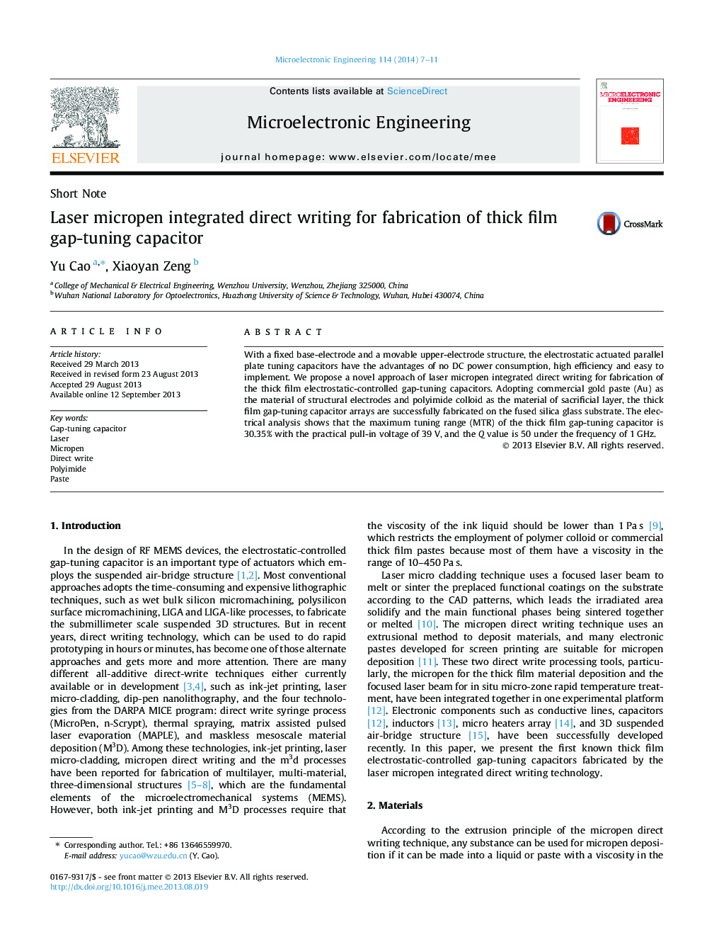 Laser micropen integrated direct writing for fabrication of thick film gap-tuning capacitor