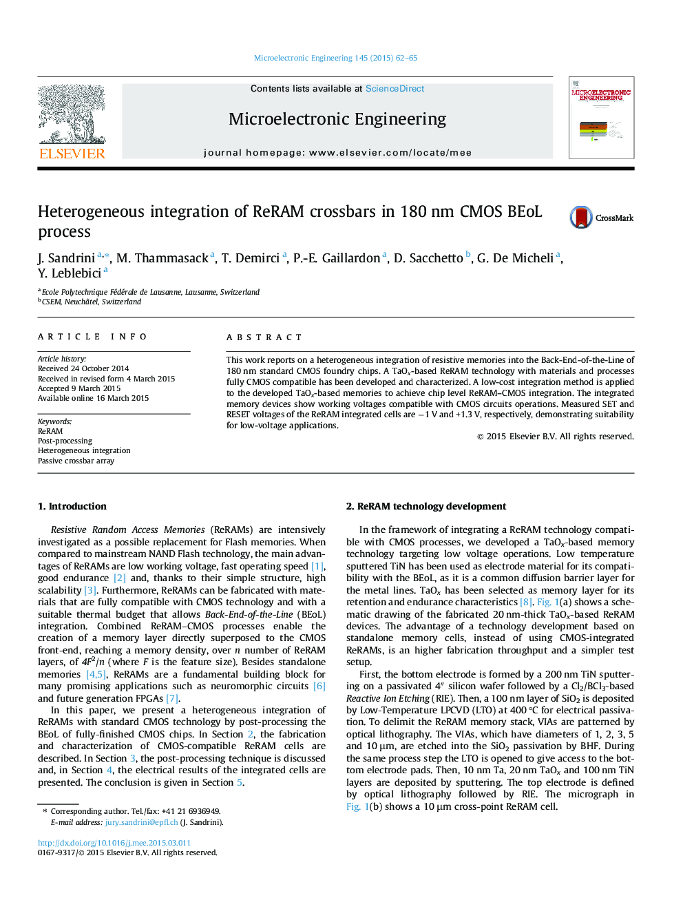 Heterogeneous integration of ReRAM crossbars in 180 nm CMOS BEoL process