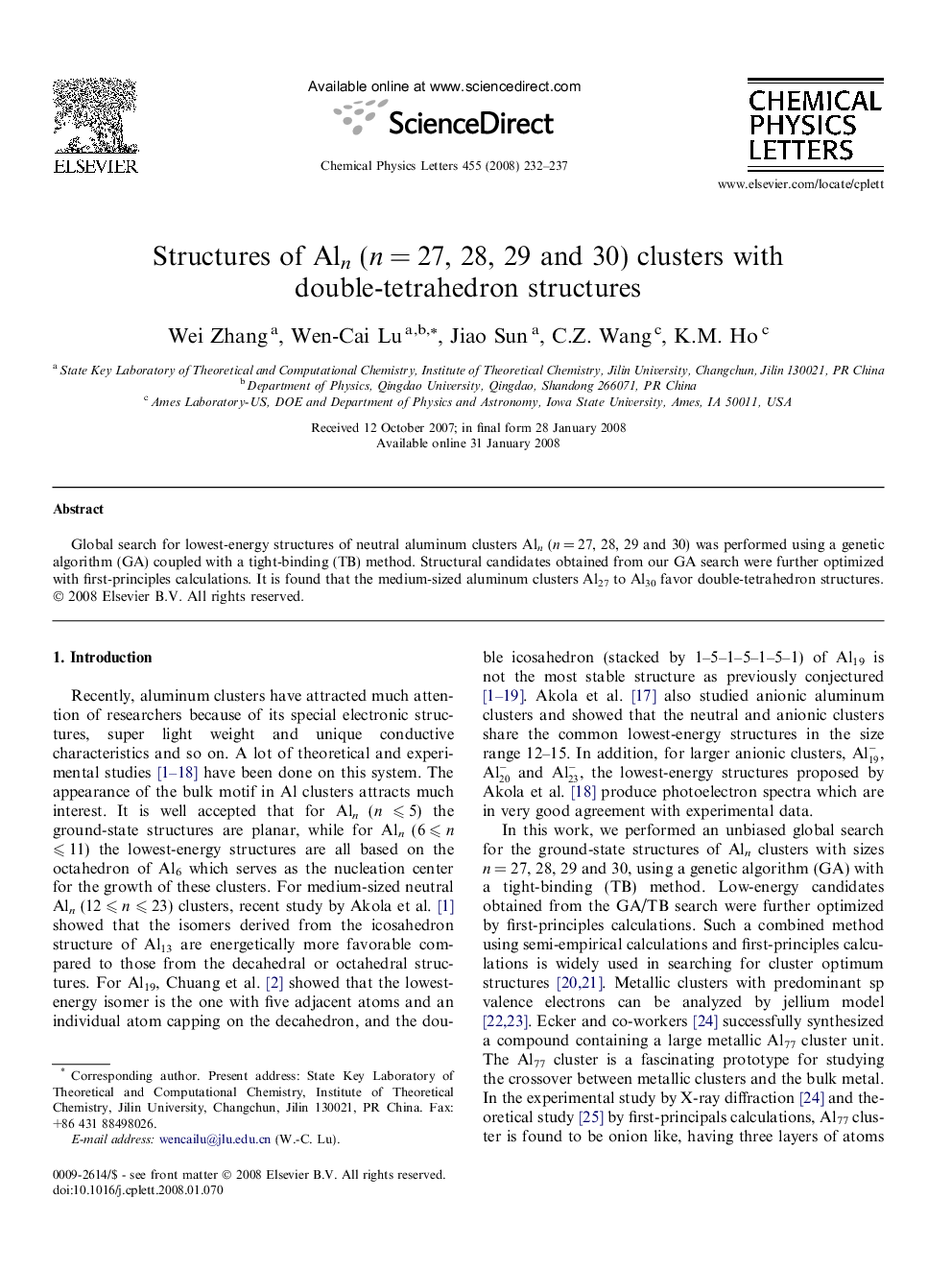 Structures of Aln (nÂ =Â 27, 28, 29 and 30) clusters with double-tetrahedron structures