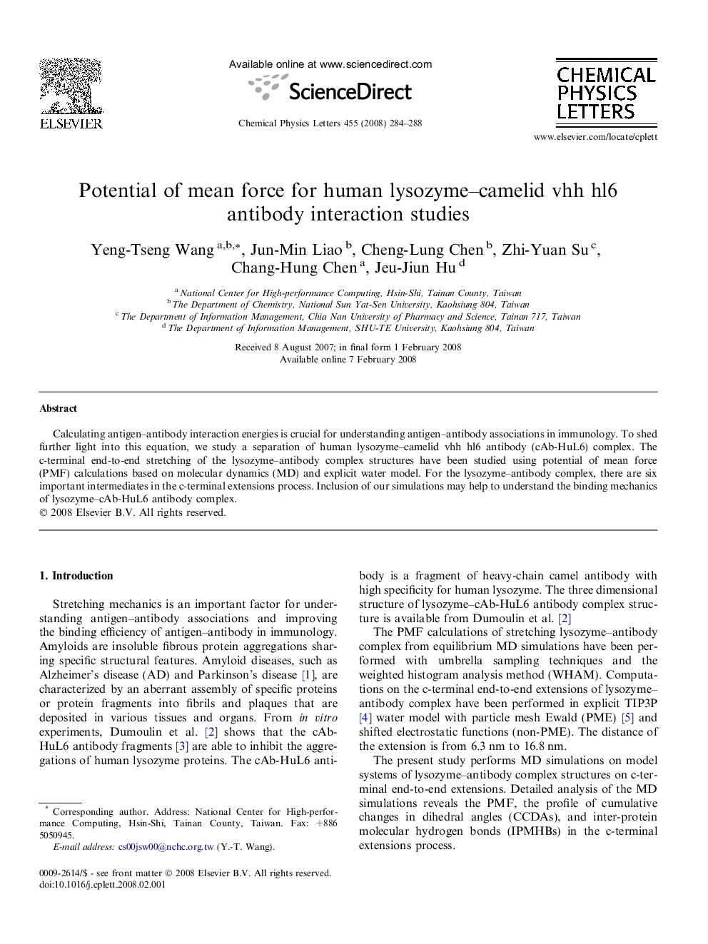 Potential of mean force for human lysozyme-camelid vhh hl6 antibody interaction studies