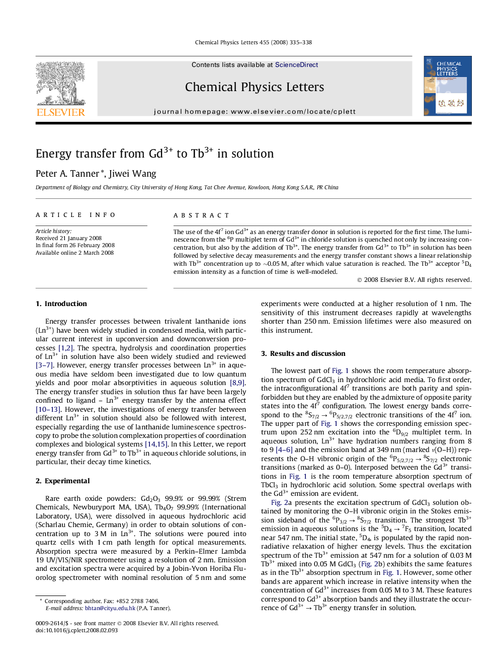 Energy transfer from Gd3+ to Tb3+ in solution