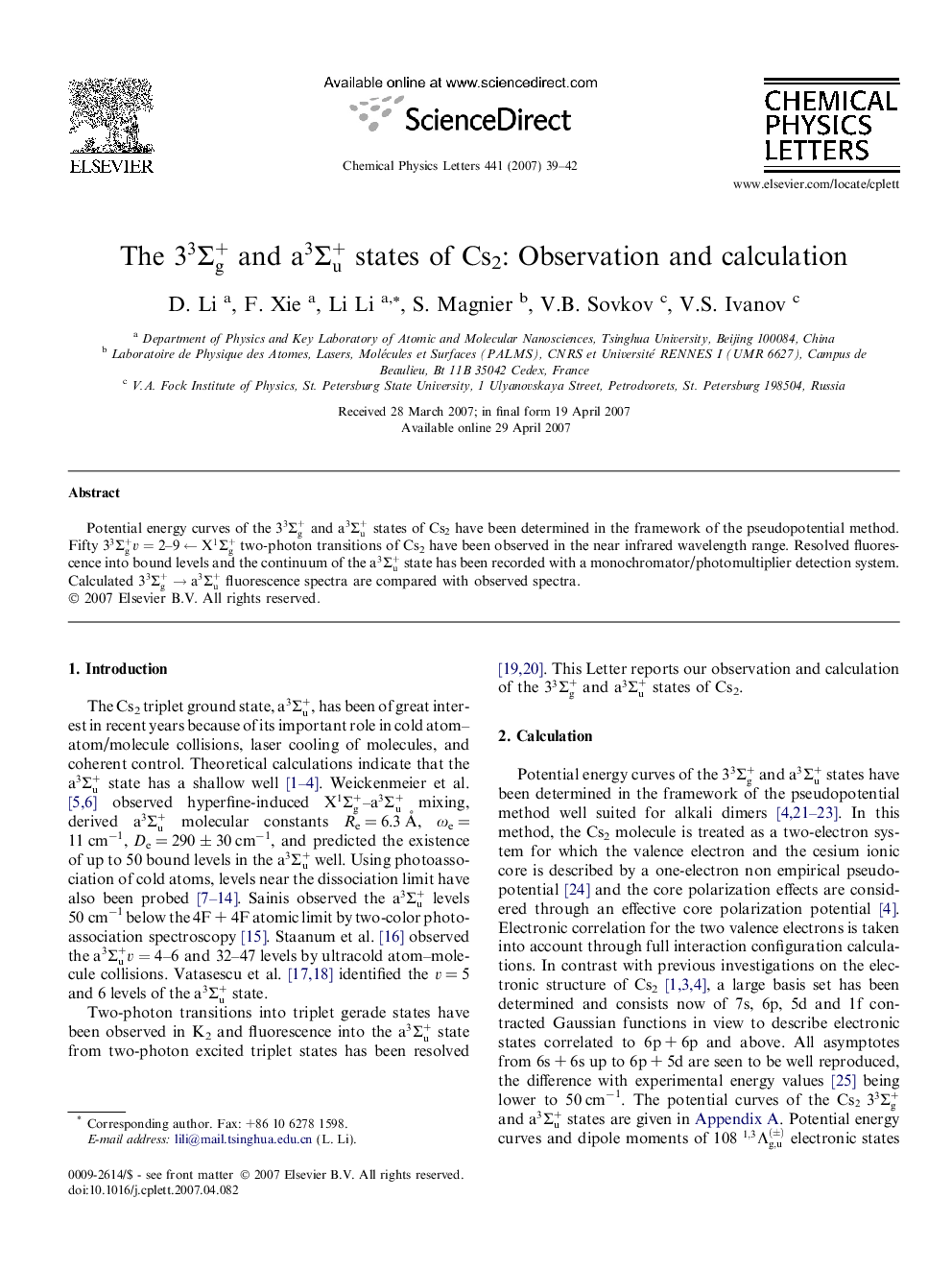 The 33Î£g+ and a3Î£u+ states of Cs2: Observation and calculation