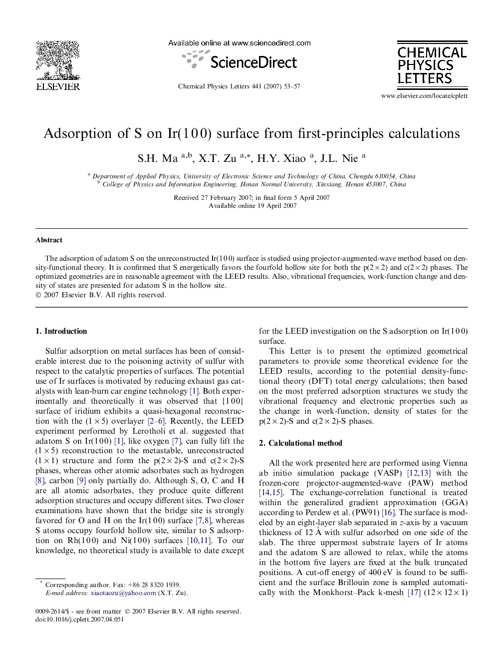 Adsorption of S on Ir(1Â 0Â 0) surface from first-principles calculations
