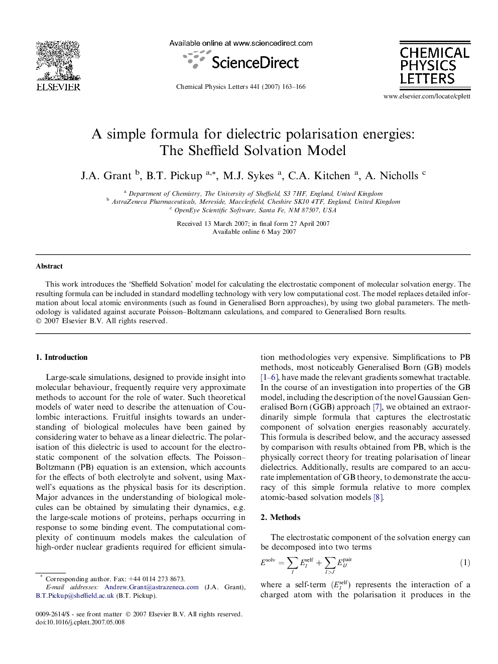 A simple formula for dielectric polarisation energies: The Sheffield Solvation Model