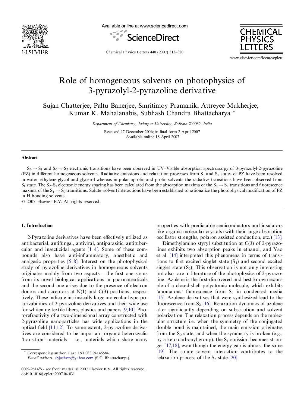 Role of homogeneous solvents on photophysics of 3-pyrazolyl-2-pyrazoline derivative