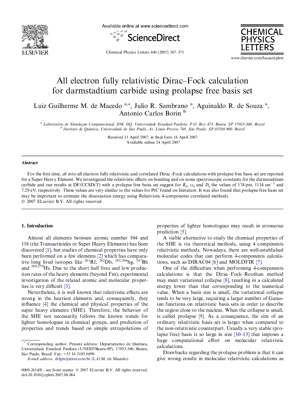 All electron fully relativistic Dirac-Fock calculation for darmstadtium carbide using prolapse free basis set