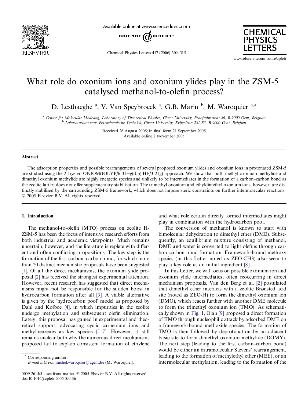 What role do oxonium ions and oxonium ylides play in the ZSM-5 catalysed methanol-to-olefin process?