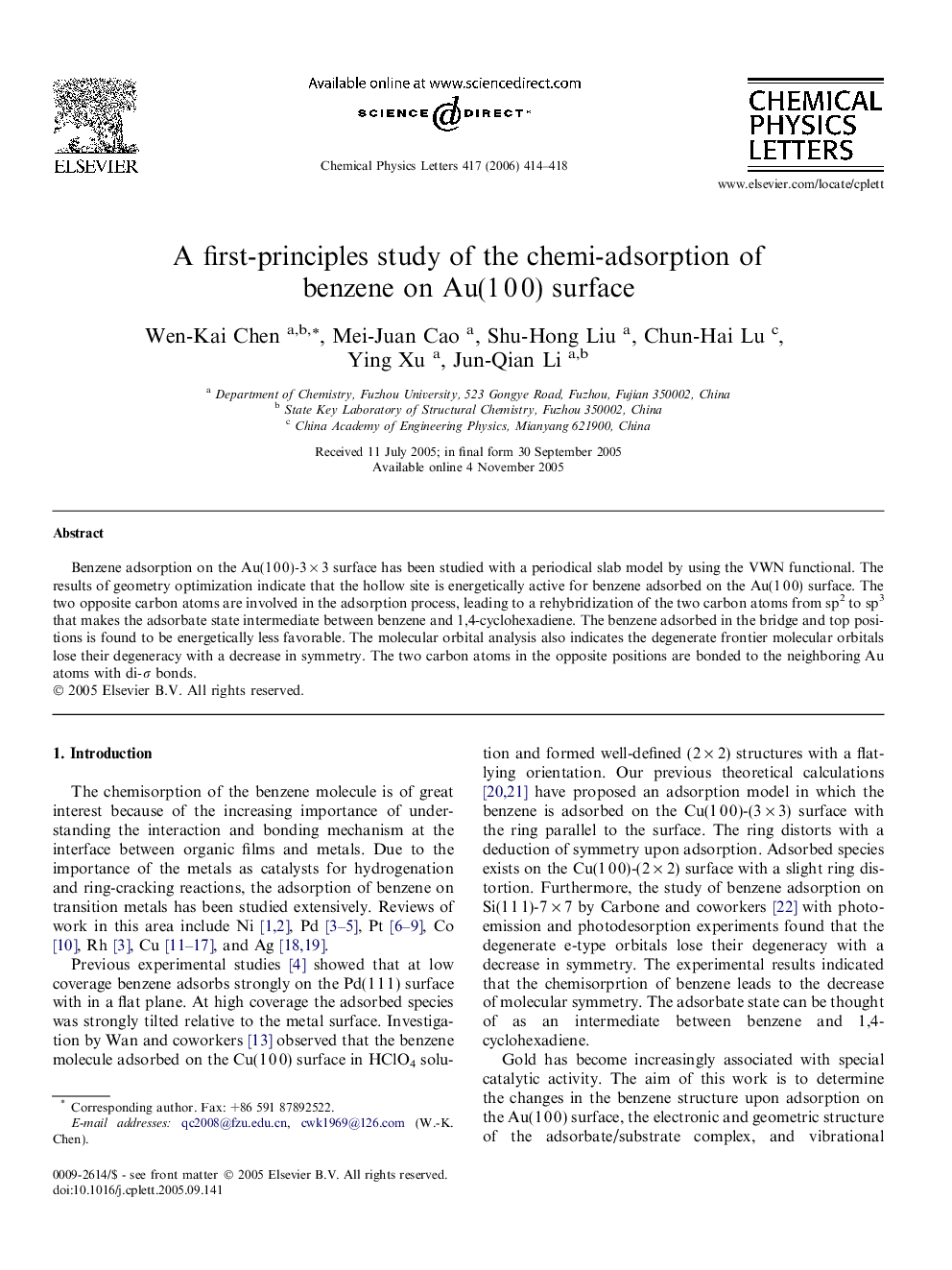 A first-principles study of the chemi-adsorption of benzene on Au(1Â 0Â 0) surface