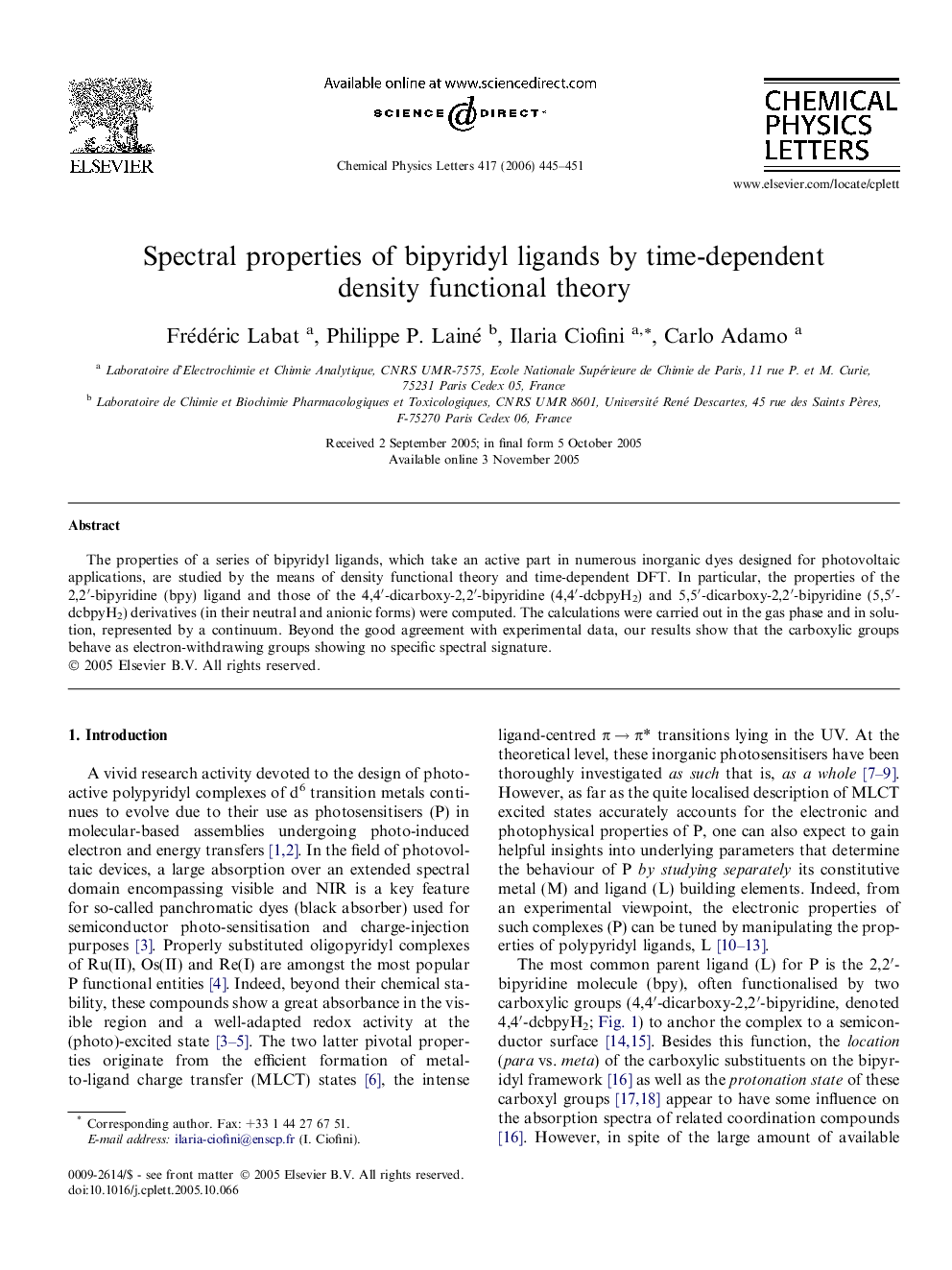 Spectral properties of bipyridyl ligands by time-dependent density functional theory