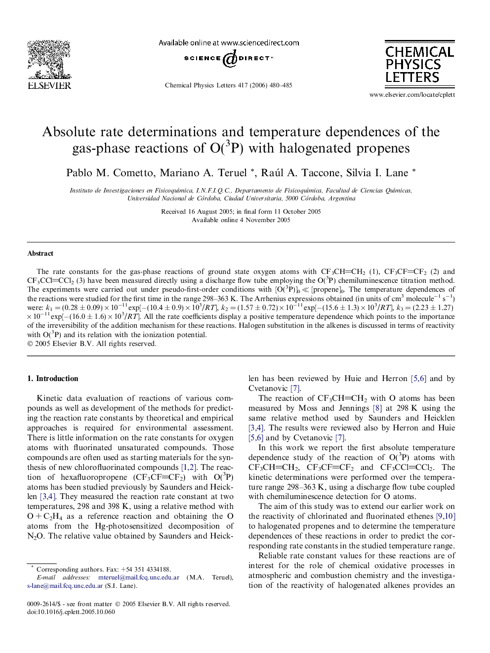 Absolute rate determinations and temperature dependences of the gas-phase reactions of O(3P) with halogenated propenes