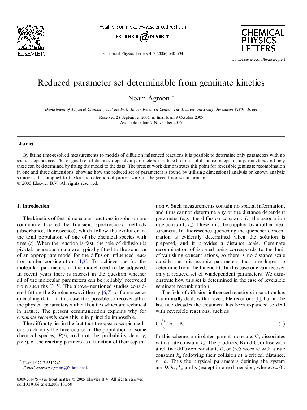 Reduced parameter set determinable from geminate kinetics