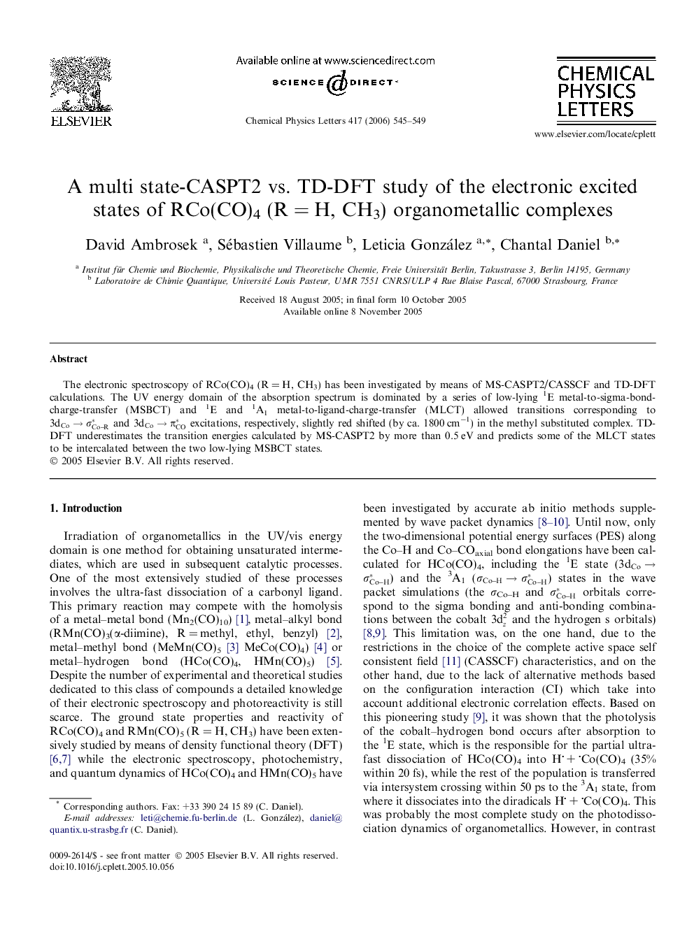 A multi state-CASPT2 vs. TD-DFT study of the electronic excited states of RCo(CO)4 (RÂ =Â H, CH3) organometallic complexes