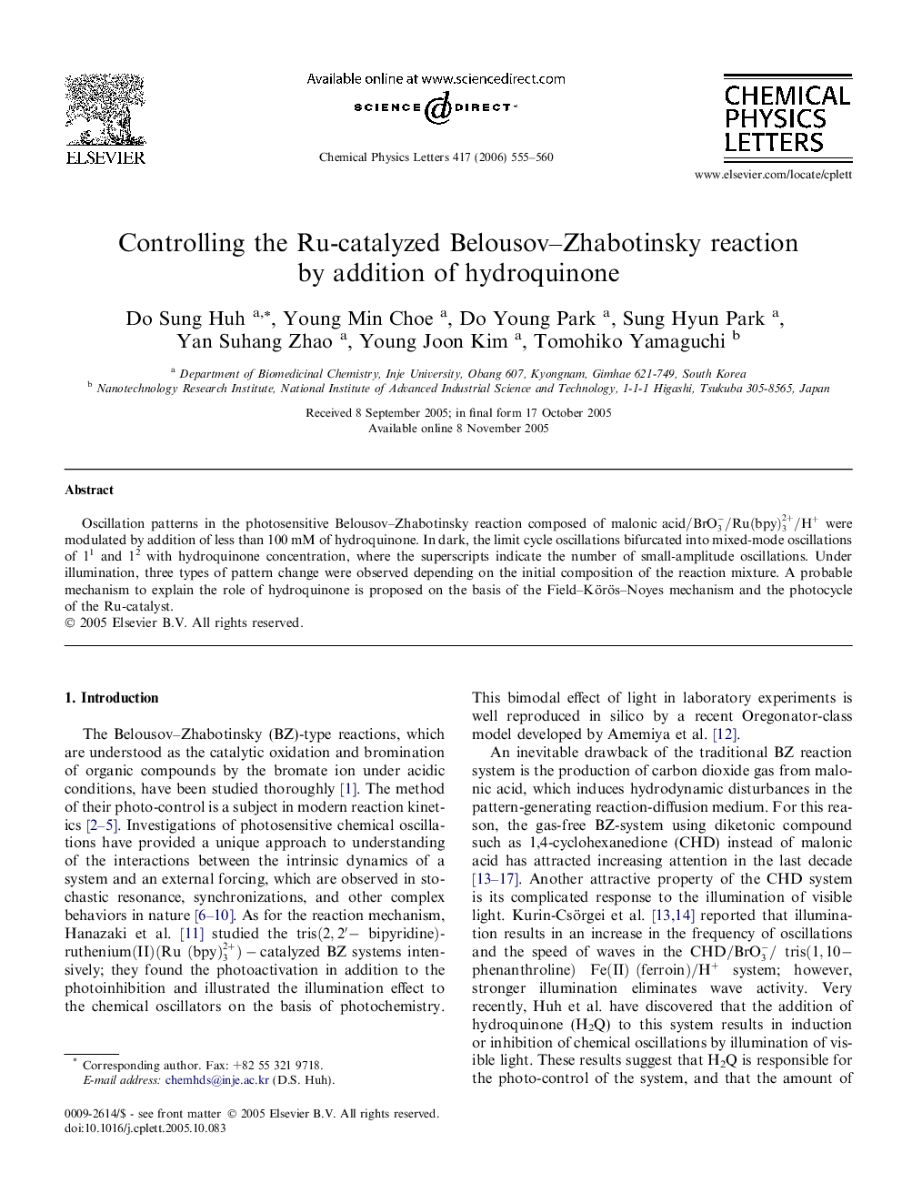 Controlling the Ru-catalyzed Belousov-Zhabotinsky reaction by addition of hydroquinone