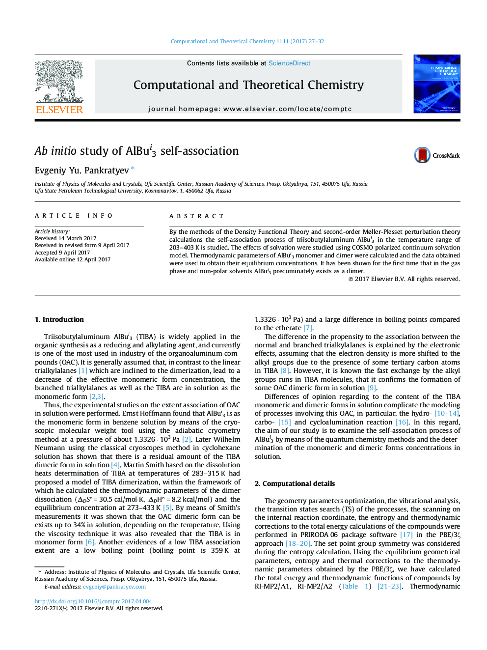RETRACTED: Ab initio study of AlBui3 self-association