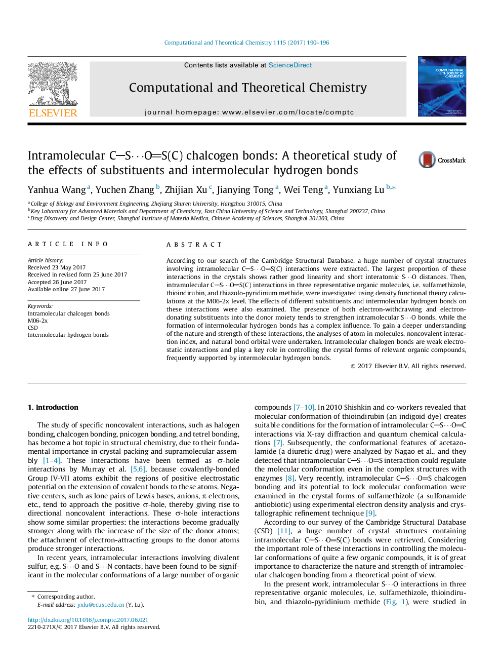 Intramolecular CSâ¯OS(C) chalcogen bonds: A theoretical study of the effects of substituents and intermolecular hydrogen bonds