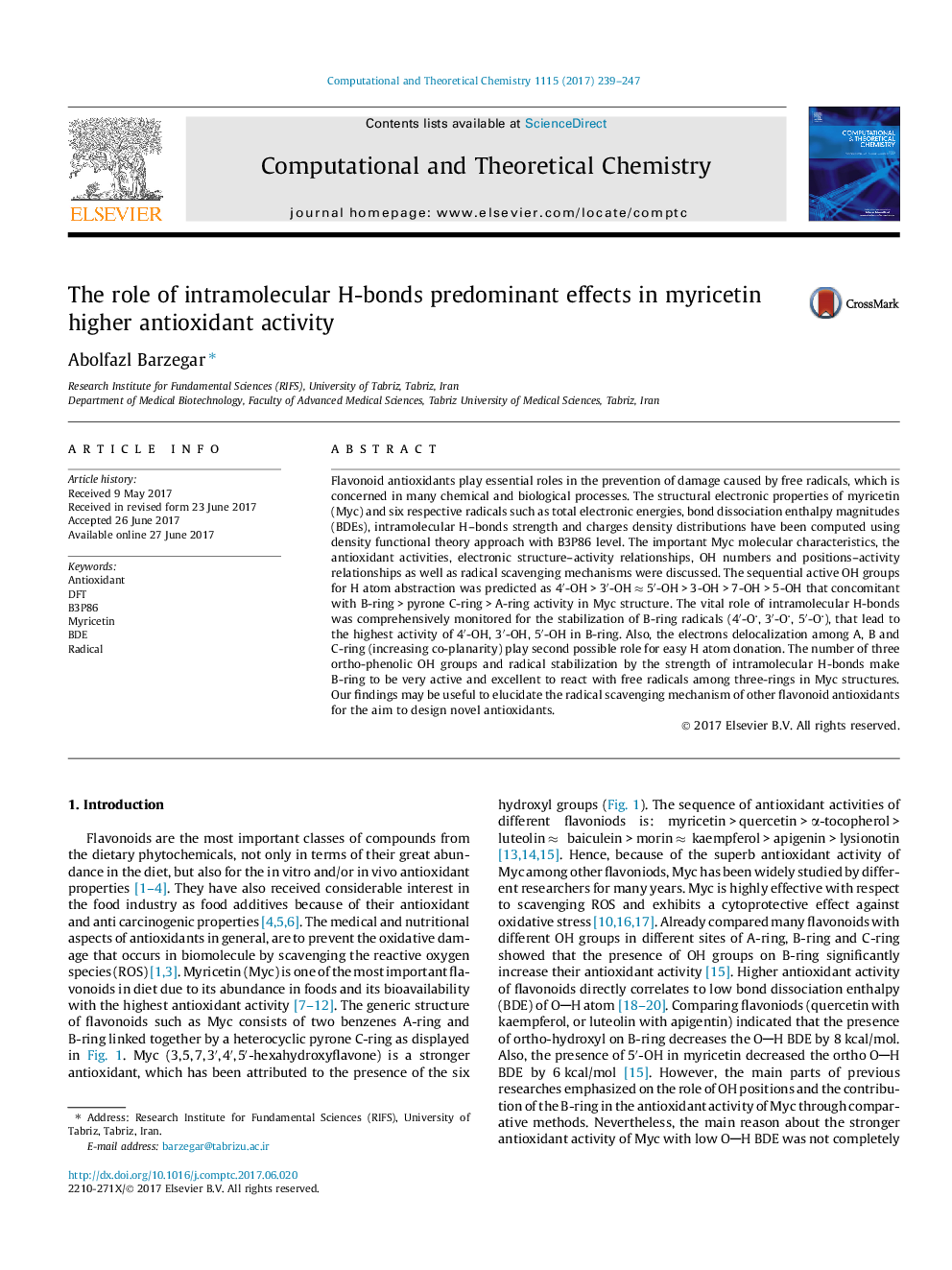 The role of intramolecular H-bonds predominant effects in myricetin higher antioxidant activity