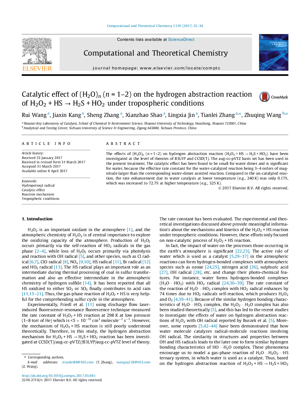 Catalytic effect of (H2O)n (nÂ =Â 1-2) on the hydrogen abstraction reaction of H2O2Â +Â HSÂ âÂ H2SÂ +Â HO2 under tropospheric conditions