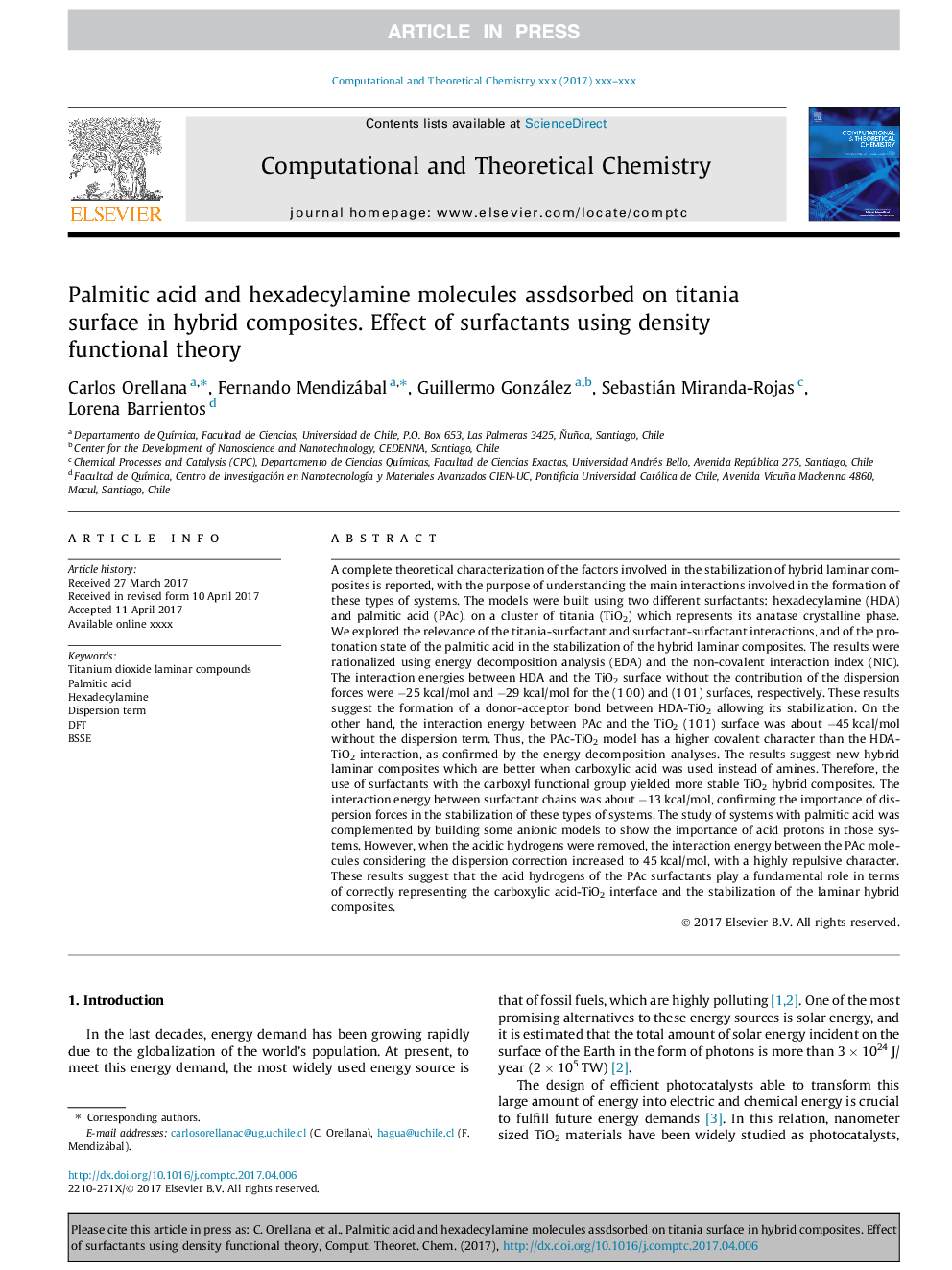 Palmitic acid and hexadecylamine molecules assdsorbed on titania surface in hybrid composites. Effect of surfactants using density functional theory