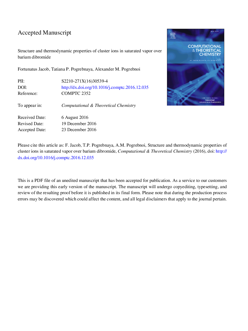 Structure and thermodynamic properties of cluster ions in saturated vapour over barium dibromide