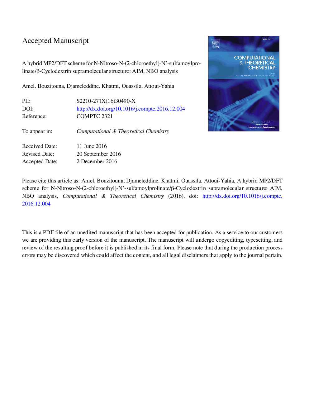 A hybrid MP2/DFT scheme for N-Nitroso-N-(2-chloroethyl)-Nâ²-sulfamoylprolinate/Î²-cyclodextrin supramolecular structure: AIM, NBO analysis