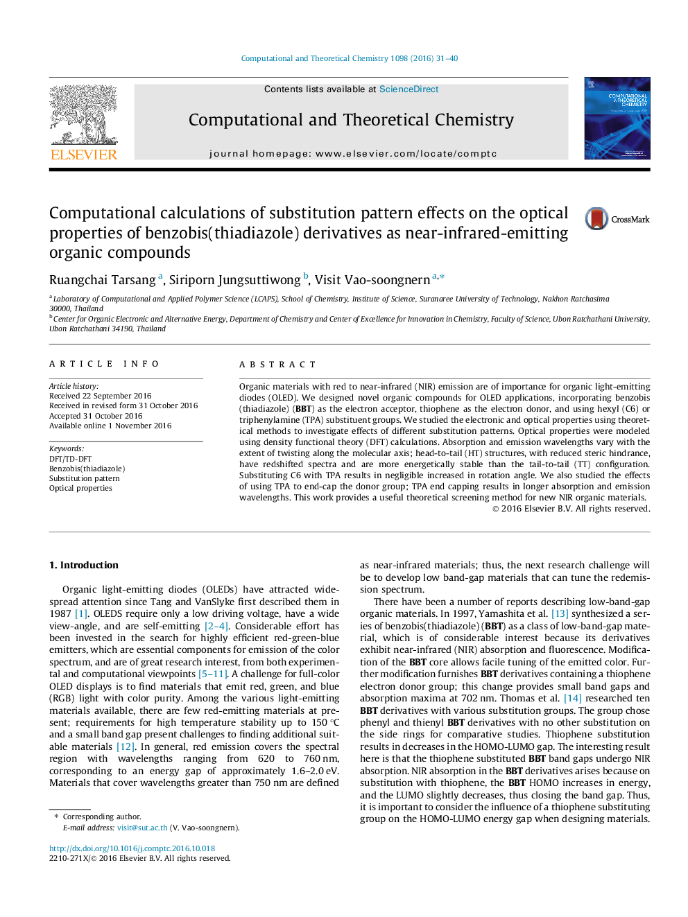 محاسبات محاسباتی اثرات الگوی جایگزینی بر خواص اپتیک مشتقات بنزوبیس (تیادیازول) به عنوان ترکیبات آلی اشعه مادون قرمز 